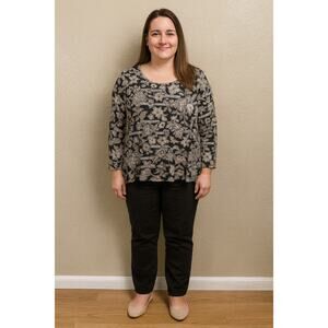 Ruby Rd Womens Black White Floral Striped Tunic Top Shirt 3/4 Sleeve Size 3X